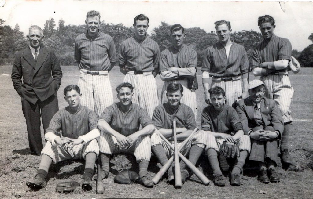 Everton baseball team circa 1945 Featuring Gordon Watson of EFC and Theo Kelly as trainer wearing hat